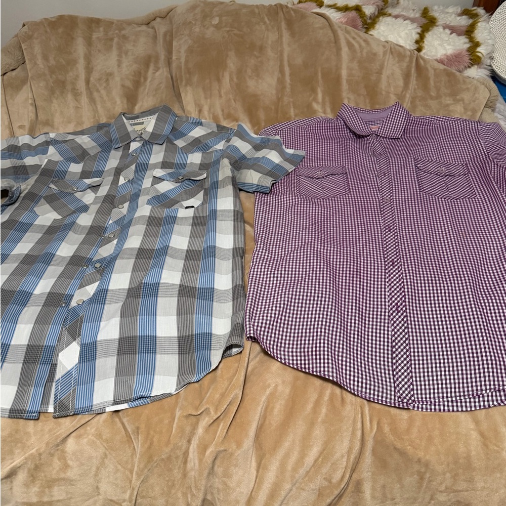 Men's Lot of 2 Casual Button Down Shirts- Purple Checked & Blue/Gray Plaid Large